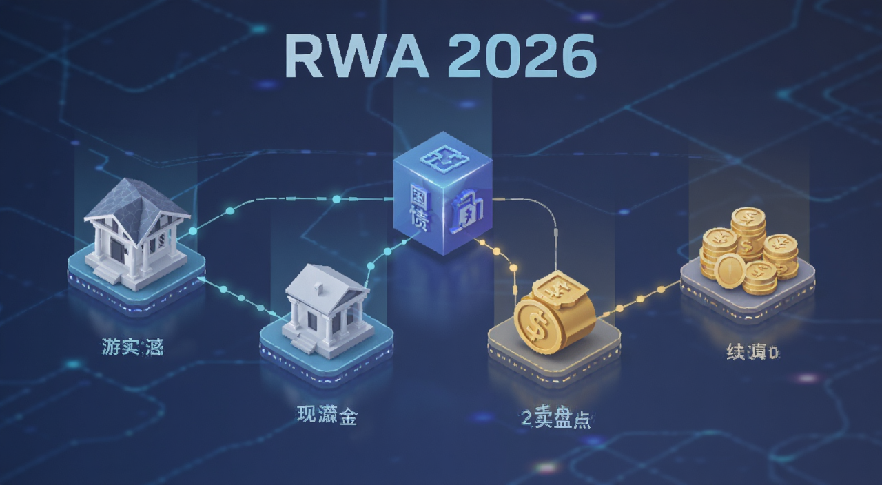 2026年RWA真实世界资产项目盘点及使用方法,画面主体为区块链上连接着房地产、国债、黄金等现实资产的示意图,风格简洁科技感,图中文字标注“RWA 2026”
