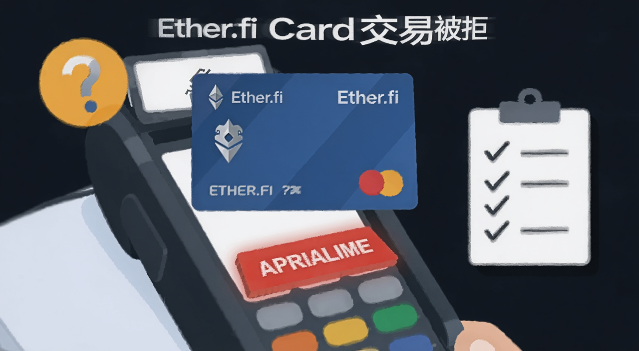 以太坊加密信用卡交易被拒场景插画,画面中一张带有Ether.fi标志的卡片在POS机前显示红色拒绝提示,旁边有问号和排查清单图标,风格简洁扁平,文字标注“Ether.fi Card交易被拒”