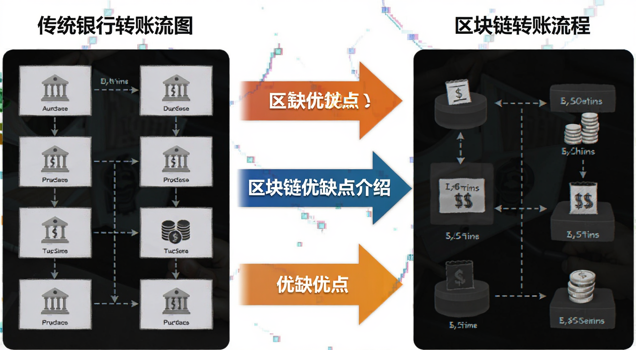 一张对比图,左边是传统银行转账流程图,右边是区块链转账流程图,中间用箭头标注优缺点,包含“区块链优缺点介绍”文字