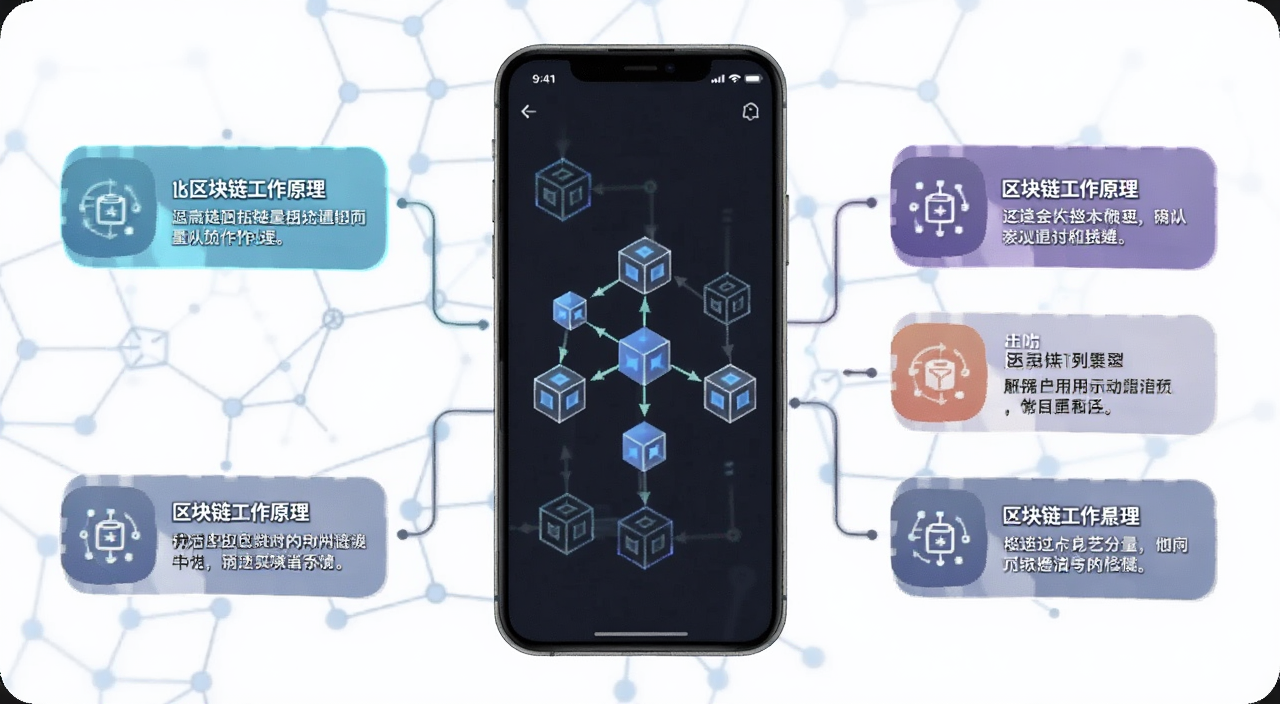 一张信息图,列出区块链常见问答,包含“区块链工作原理”文字,背景简洁,适合移动端阅读