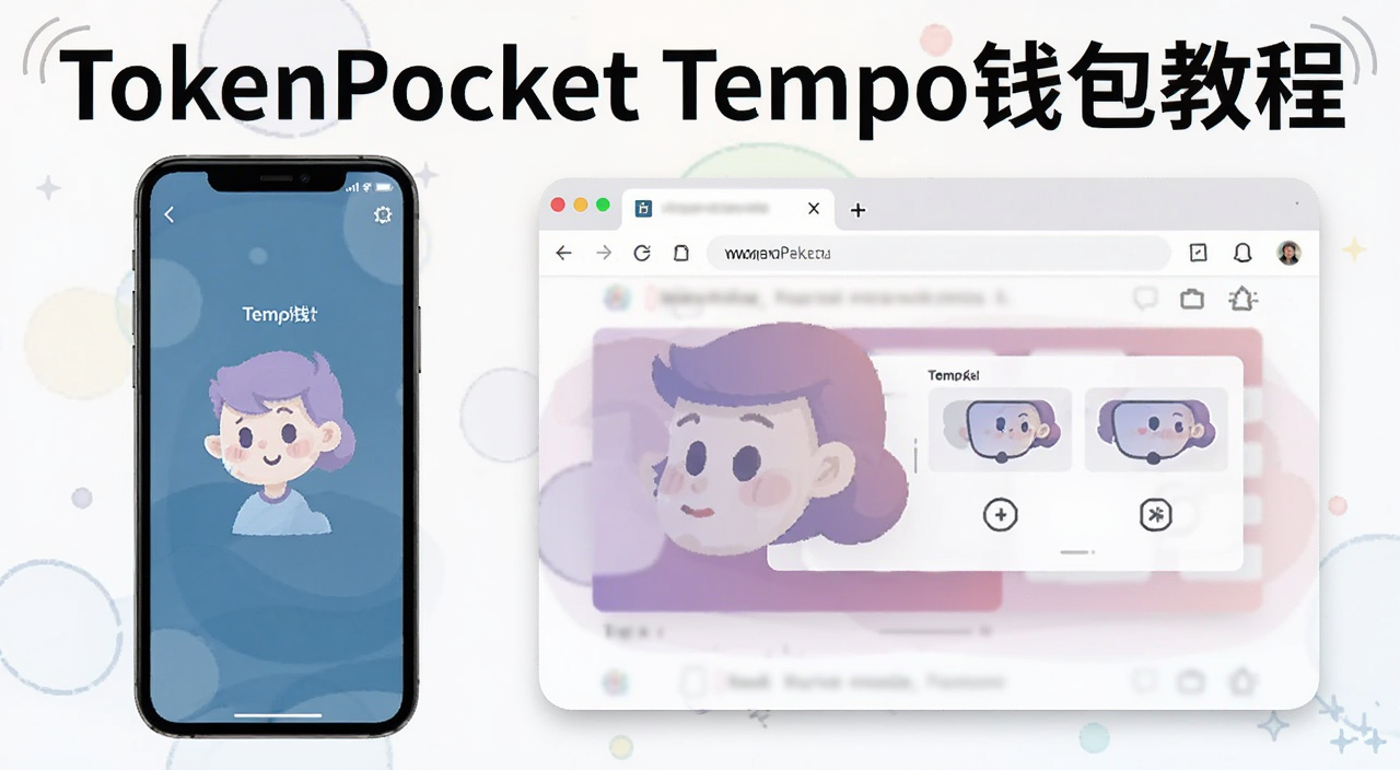 TokenPocket创建导入Tempo钱包教程封面图,画面中有手机和浏览器插件钱包界面,文字标注“TokenPocket Tempo钱包教程”