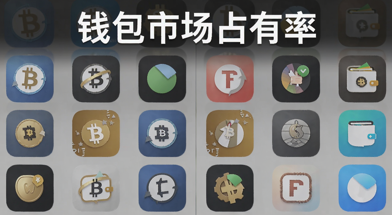 多个加密货币钱包APP图标排列对比,标题文字“钱包市场占有率”