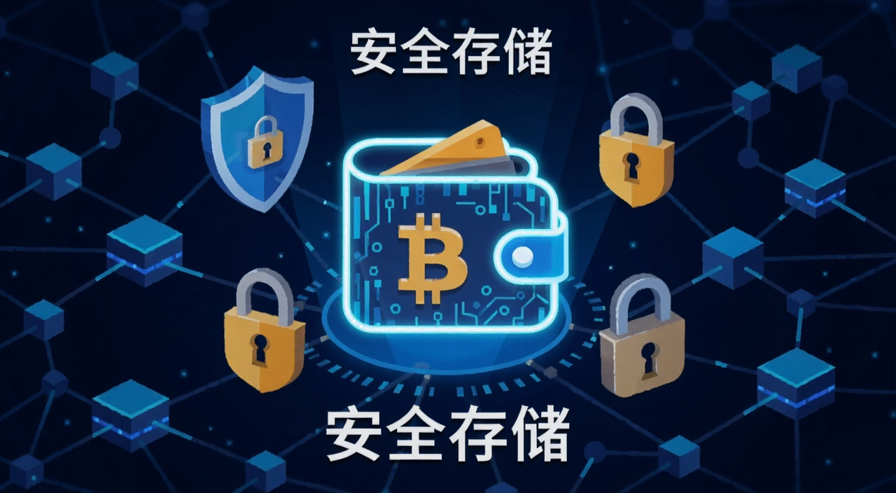 比特币钱包安全存储概念图,画面中央是一个发光的数字钱包图标,周围环绕着盾牌和锁的符号,背景是区块链网络节点连接,风格科技感扁平化,文字注明“安全存储”