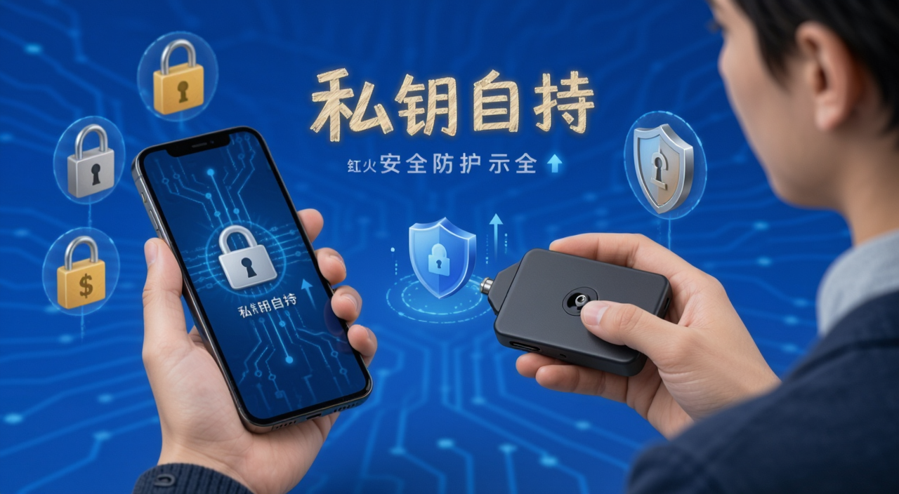 比特币钱包安全防护示意图,一个人拿着手机和硬件钱包,周围有锁和盾牌图标,背景是简洁的蓝色调,突出个人责任和安全意识,文字注明“私钥自持”