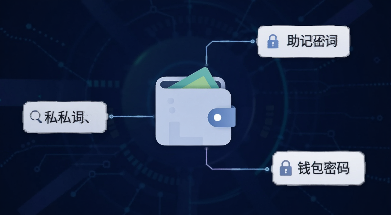 一张简洁的数字钱包安全概念示意图,画面中央是一个钱包图标,周围用线条连接三个标签分别写着私钥、助记词、钱包密码,背景是深蓝色科技感,文字用中文标注