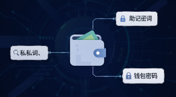 一张简洁的数字钱包安全概念示意图,画面中央是一个钱包图标,周围用线条连接三个标签分别写着私钥、助记词、钱包密码,背景是深蓝色科技感,文字用中文标注