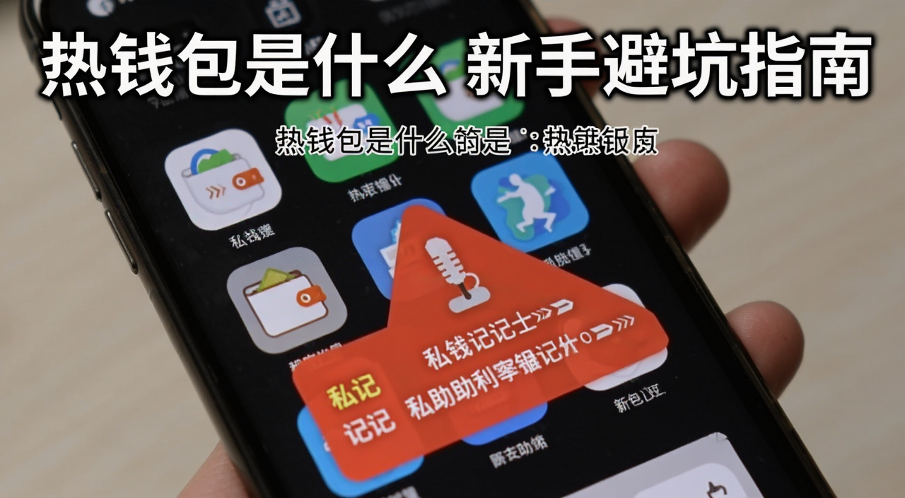 手机屏幕上展示多个加密钱包图标与私钥助记词警示标识,标题文字“热钱包是什么 新手避坑指南”,关键词包含热钱包是什么