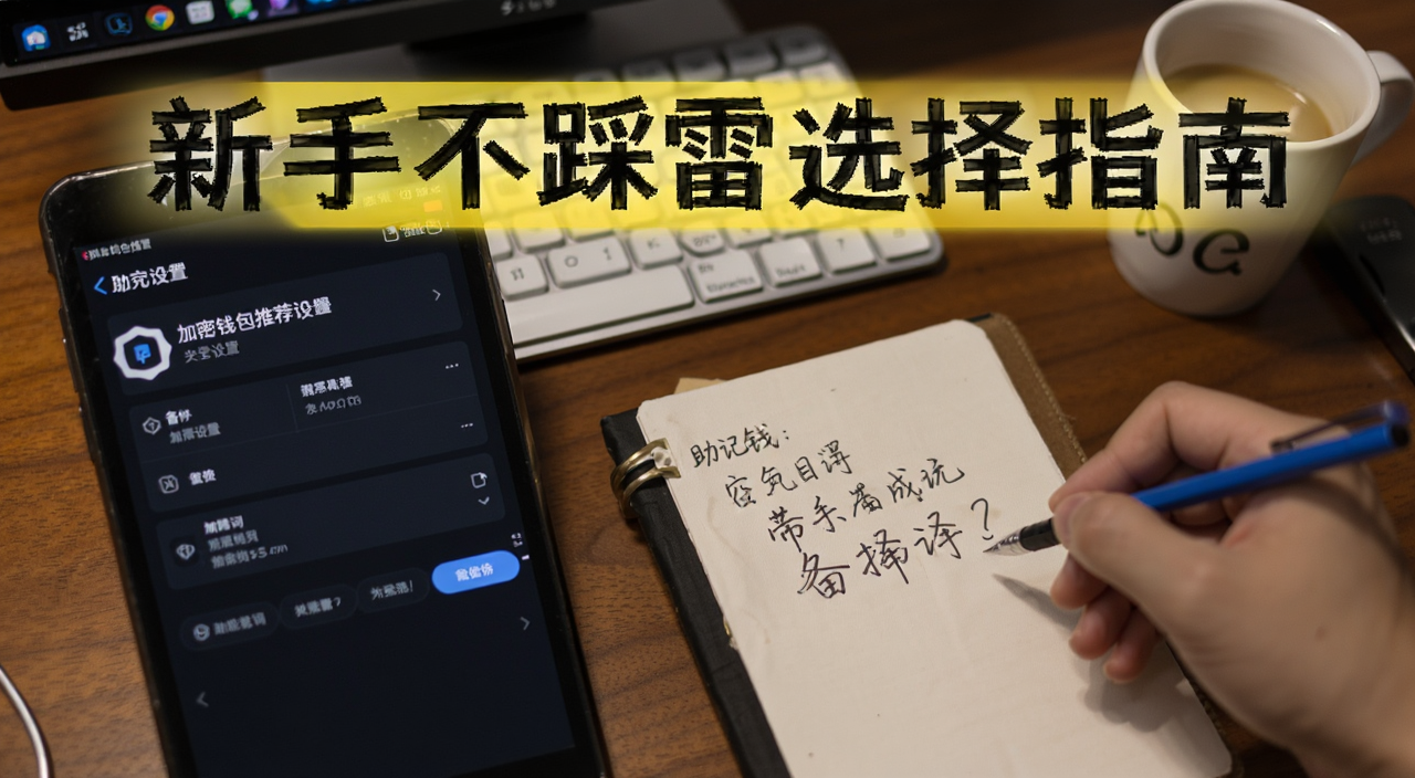 加密钱包安全设置界面与助记词手写备份场景,文字标注“新手不踩雷选择指南”,关键词包含加密钱包推荐