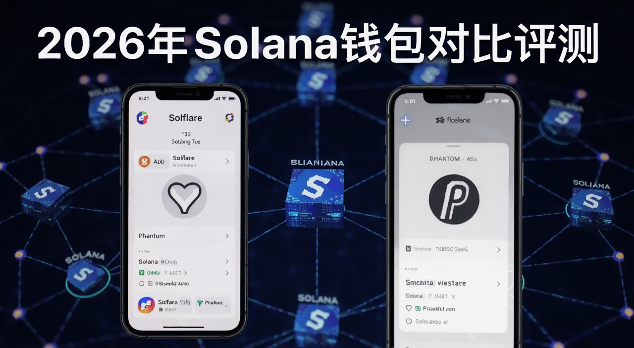 Solana钱包对比评测封面图,画面中并排展示Solflare和Phantom两个钱包的手机界面截图,背景是Solana区块链网络节点图,标题文字写2026年Solana钱包对比评测