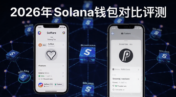 Solana钱包对比评测封面图,画面中并排展示Solflare和Phantom两个钱包的手机界面截图,背景是Solana区块链网络节点图,标题文字写2026年Solana钱包对比评测