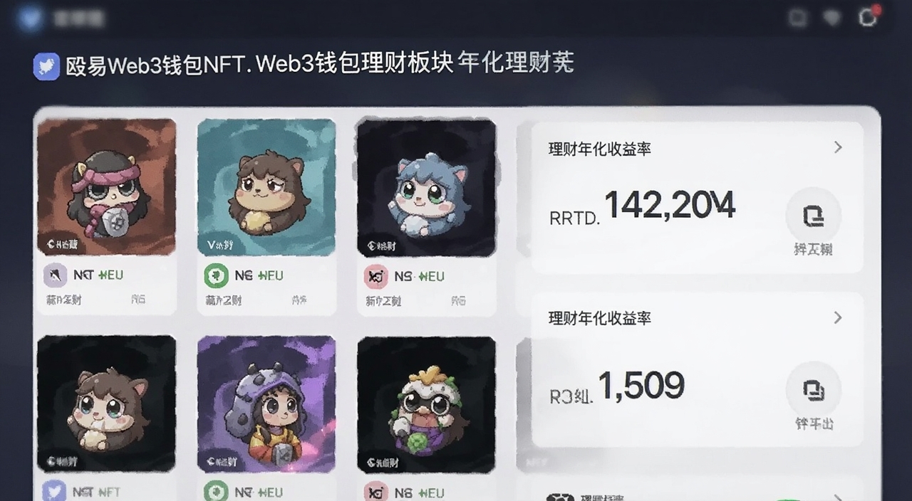 殴易Web3钱包NFT和理财界面展示图,包含NFT藏品缩略图和理财年化收益率数字,文字标注“殴易Web3钱包理财板块”