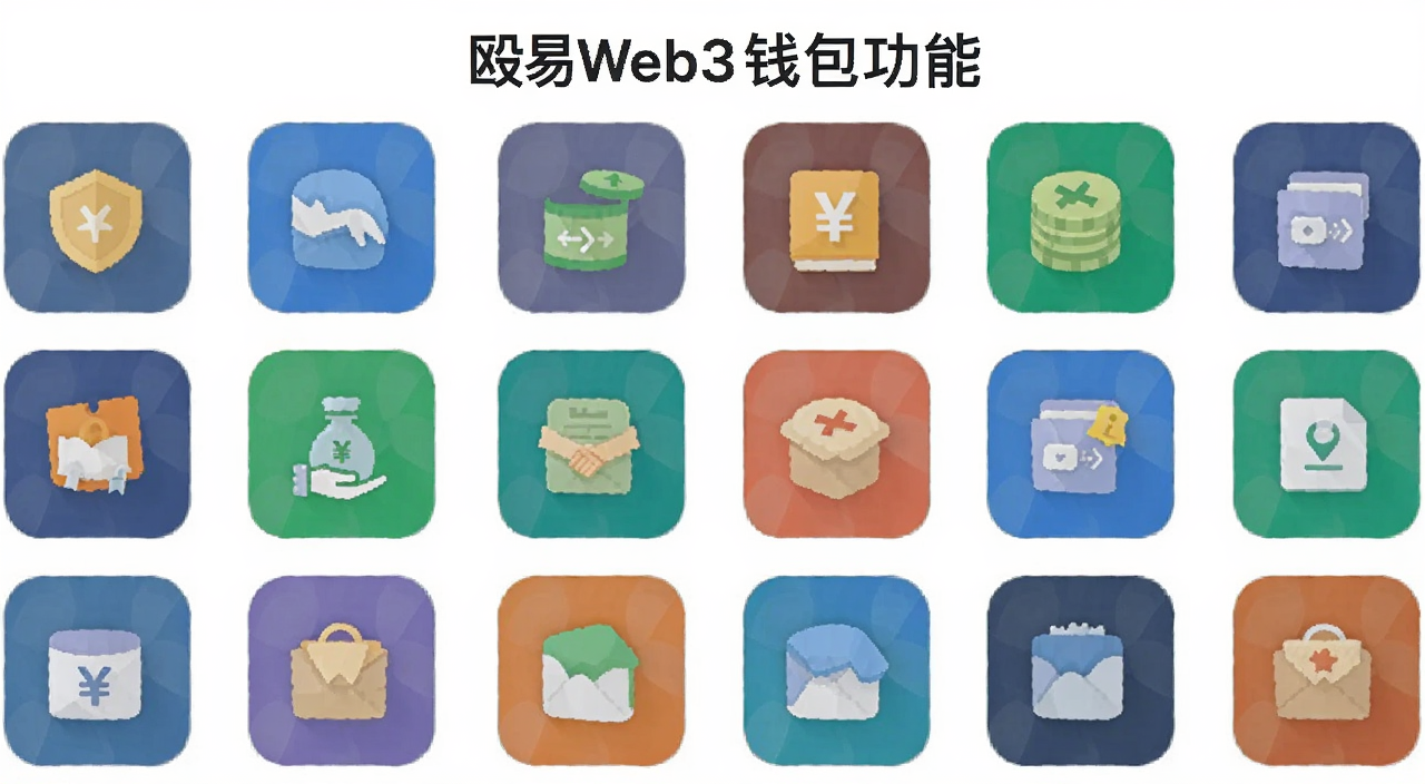 殴易Web3钱包2026新版功能图标集合,包含兑换、转账、收款、授权等图标,扁平化设计风格,标注“殴易Web3钱包功能”字样
