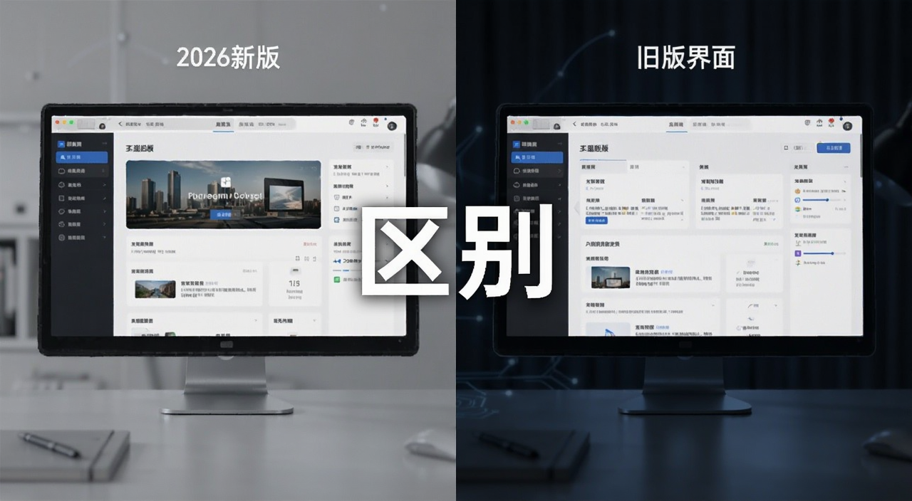 2026新版与旧版界面并排对比图,画面中央用大字标注“区别”,左右两侧分别展示旧版和新版的主界面截图,风格简洁科技感