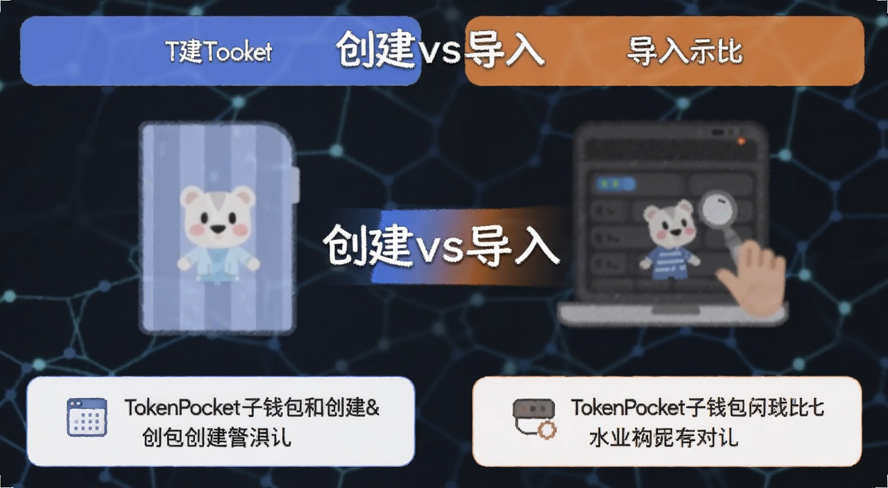 TokenPocket子钱包创建和导入对比示意图,左边创建右边导入,文字标注“创建vs导入”