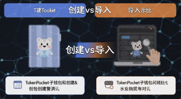TokenPocket子钱包创建和导入对比示意图,左边创建右边导入,文字标注“创建vs导入”