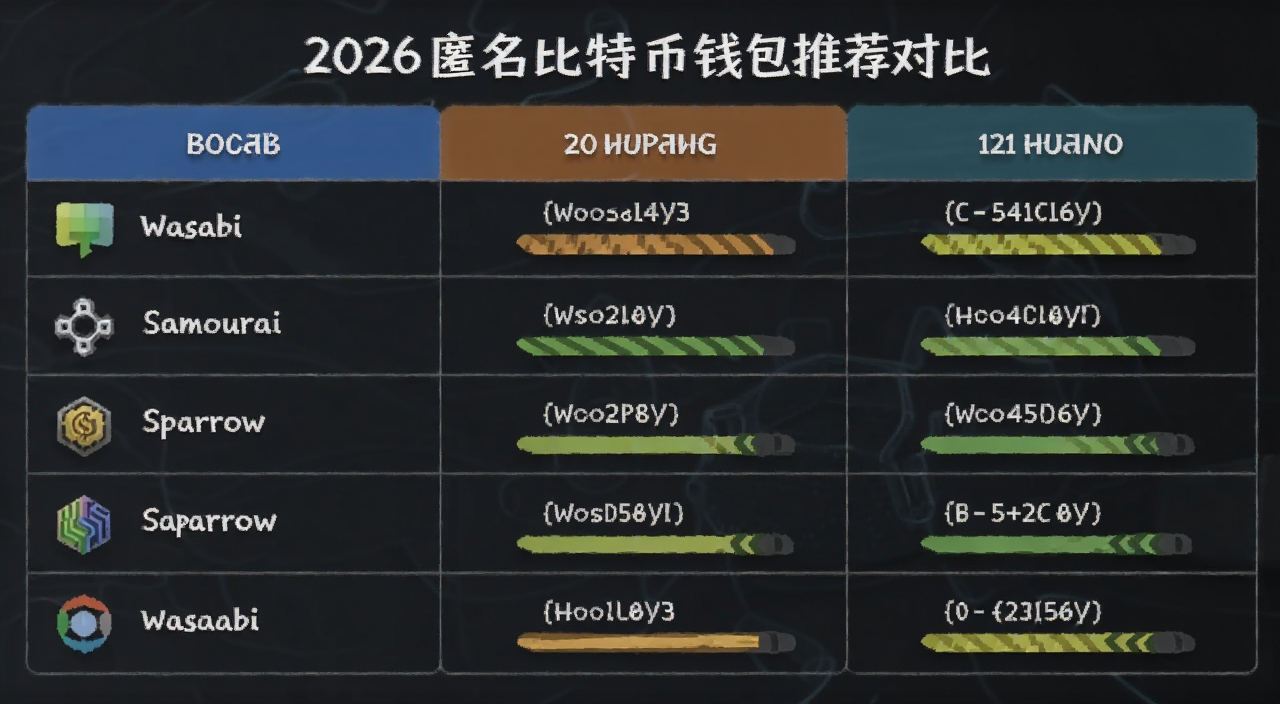 2026匿名比特币钱包推荐对比表格图,包含Wasabi、Samourai、Sparrow等钱包隐私安全评分
