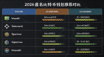 2026匿名比特币钱包推荐对比表格图,包含Wasabi、Samourai、Sparrow等钱包隐私安全评分