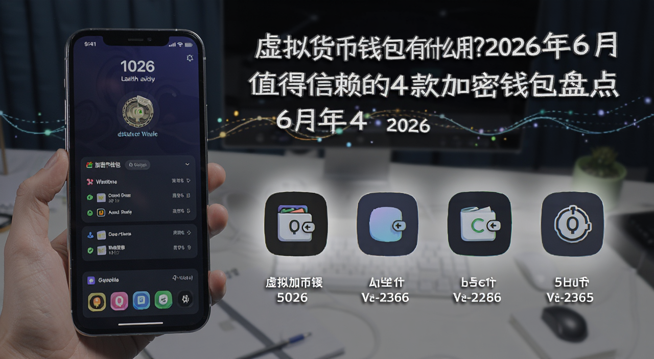 虚拟货币钱包有什么用 2026年6月4款加密钱包盘点 封面图,画面中有手机屏幕显示加密钱包界面和4个钱包图标对比,文字注明“虚拟货币钱包有什么用?2026年6月值得信赖的4款加密钱包盘点”