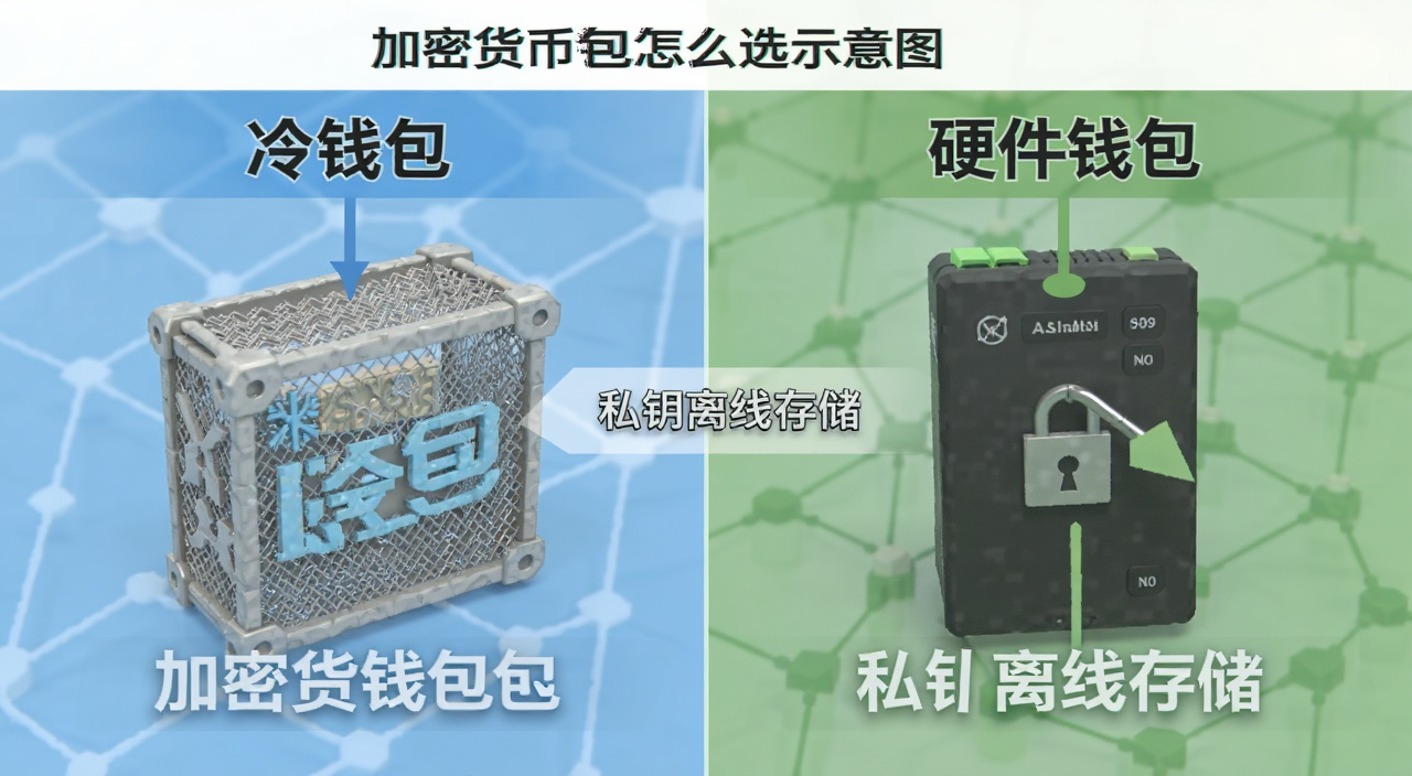 加密货币钱包怎么选 冷钱包和硬件钱包对比示意图 文字标注“冷钱包”“硬件钱包”“私钥离线存储”