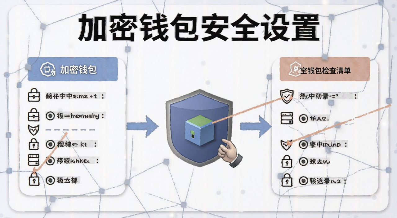 加密钱包安全设置检查清单示意图,图中文字标注“加密钱包安全设置”