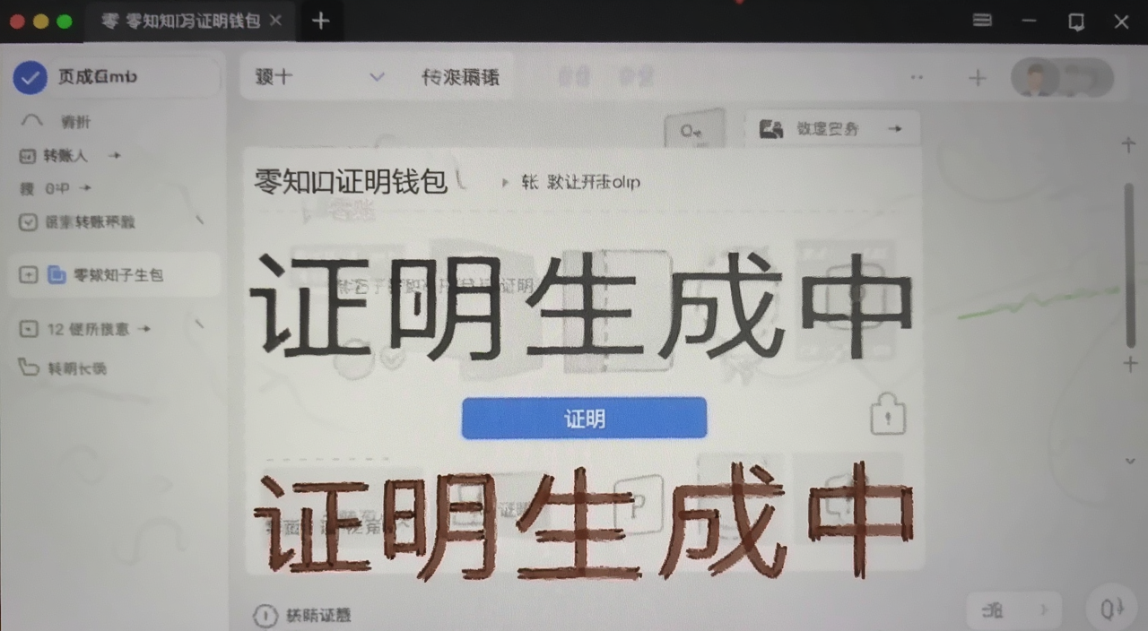 零知识证明钱包 转账 生成证明 界面截图 文字标注证明生成中