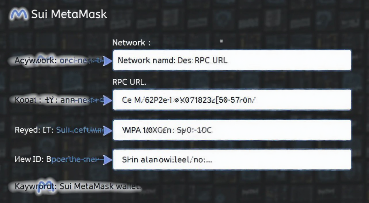 MetaMask钱包添加Sui网络配置界面截图,关键词Sui MetaMask钱包,图中标注网络名称、RPC URL、链ID等填写位置