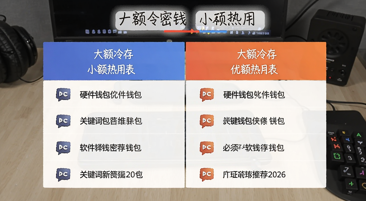 硬件钱包和软件钱包优缺点对比表 新手加密钱包推荐2026 文字标注“大额冷存 小额热用”,关键词必须包含软件钱包