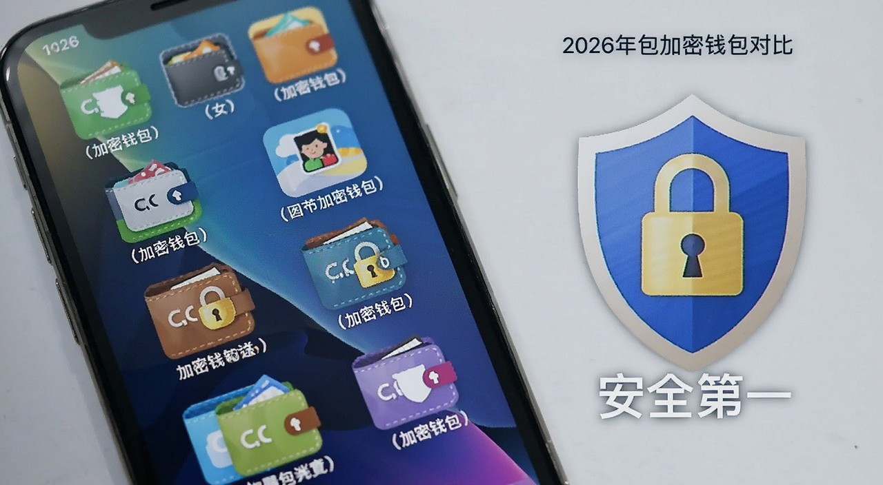 2026年加密钱包对比十大加密钱包哪个最安全 手机屏幕显示多个钱包图标排列 旁边有盾牌锁定符号 文字标注安全第一