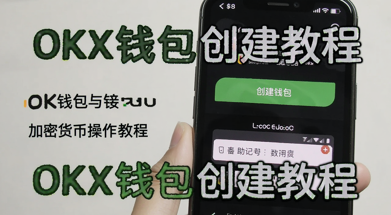 OKX钱包创建与接收加密货币操作教程,手机屏幕上显示OKX钱包界面,有创建钱包按钮和助记词备份提示,文字注明OKX钱包创建教程