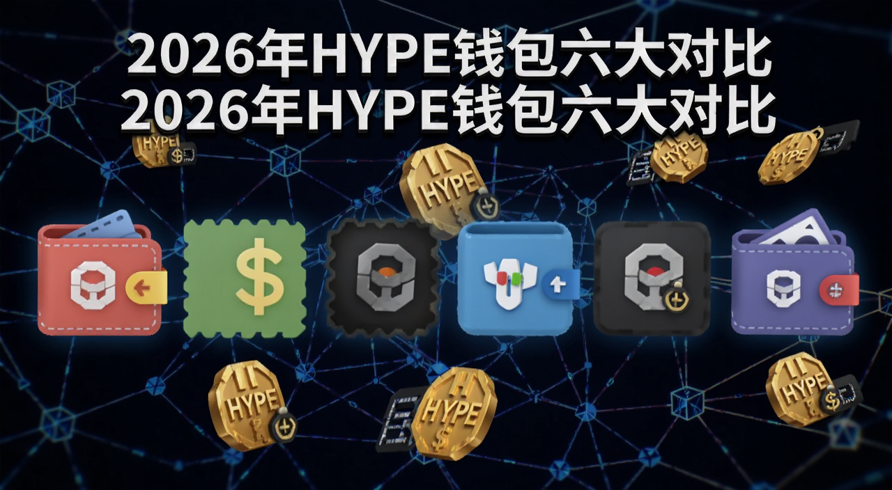 Hyperliquid HYPE钱包盘点对比封面图,画面中有6个不同风格的钱包图标排列,背景是区块链网络节点和HYPE代币符号,标题文字“2026年HYPE钱包六大对比”