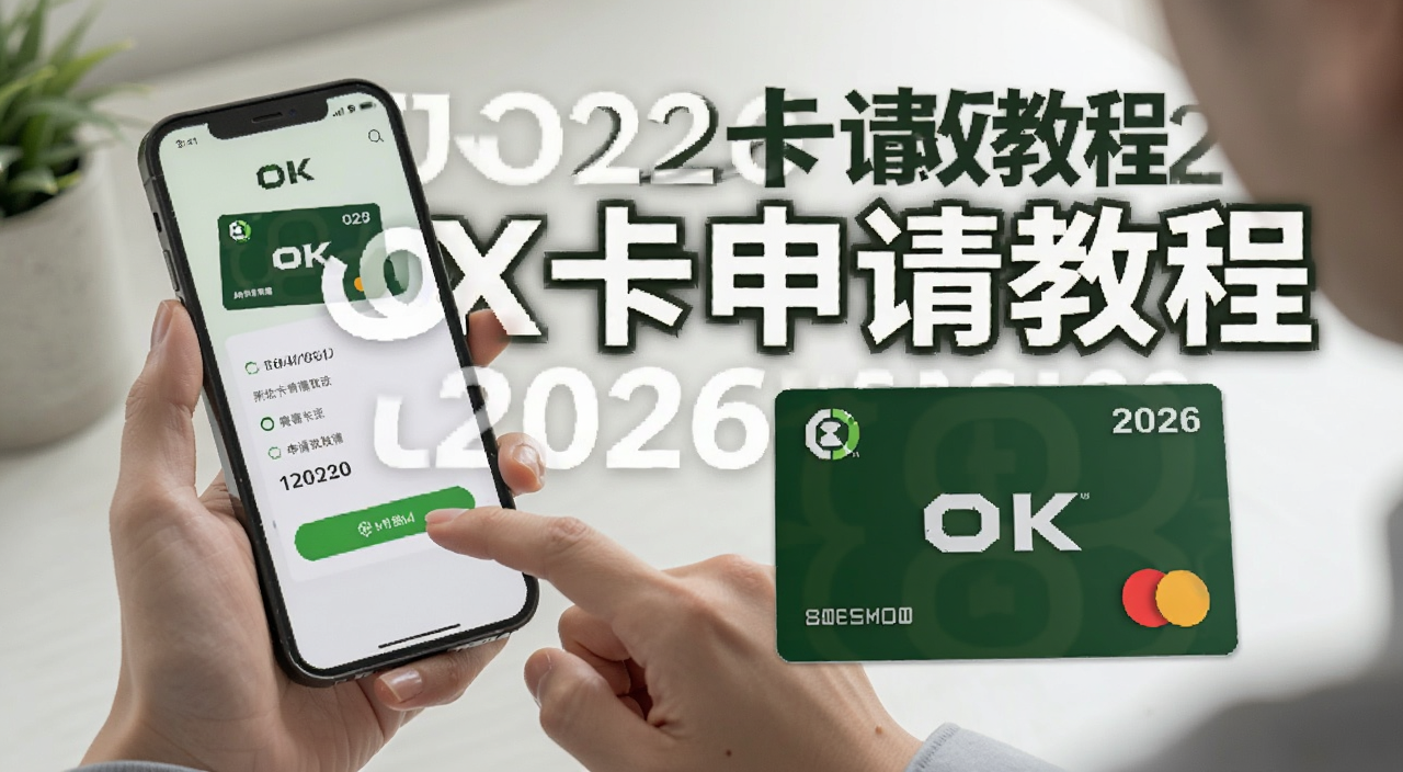 OKX卡申请教程2026新版攻略封面图,画面中一个人拿着手机操作OKX卡申请页面,旁边有OKX卡实体卡片,文字写上OKX卡申请教程