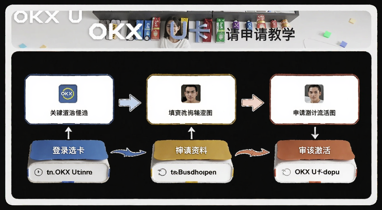 OKX U卡申请步骤流程图,包含登录选卡填资料审核激活几个环节,关键词OKX U卡申请教学