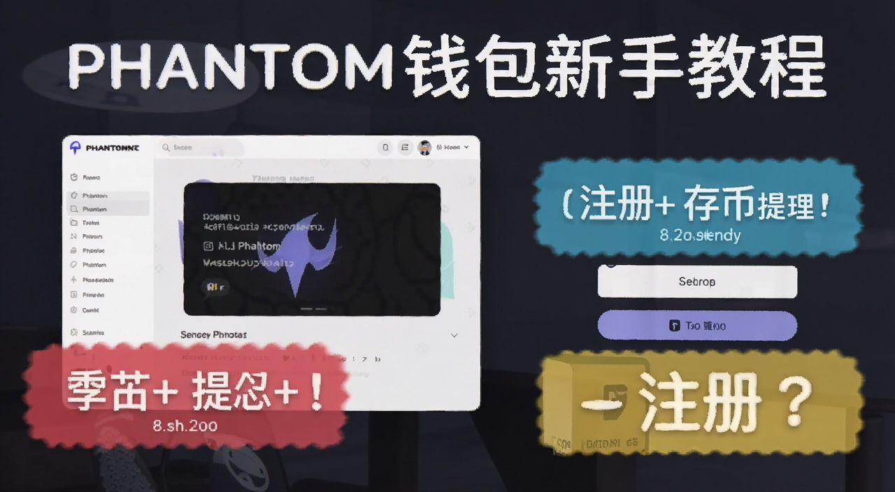 Phantom钱包新手教程封面图,包含Phantom钱包界面截图和注册存币提现文字标注