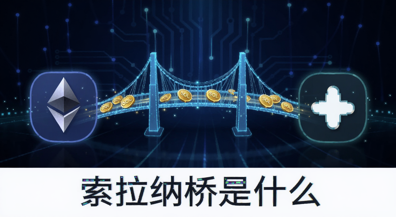 索拉纳桥跨链示意图,画面中央一座数字桥梁连接以太坊和索拉纳两个区块链图标,桥上有SOL代币流动,背景是科技感蓝色光效,图片下方文字标注