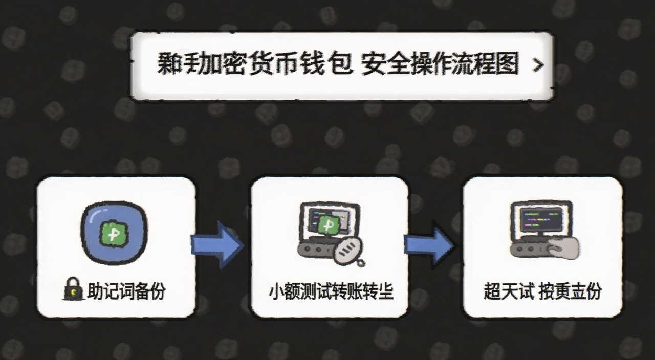 新手使用加密货币钱包安全操作流程图,包含助记词备份、小额测试转账等步骤文字
