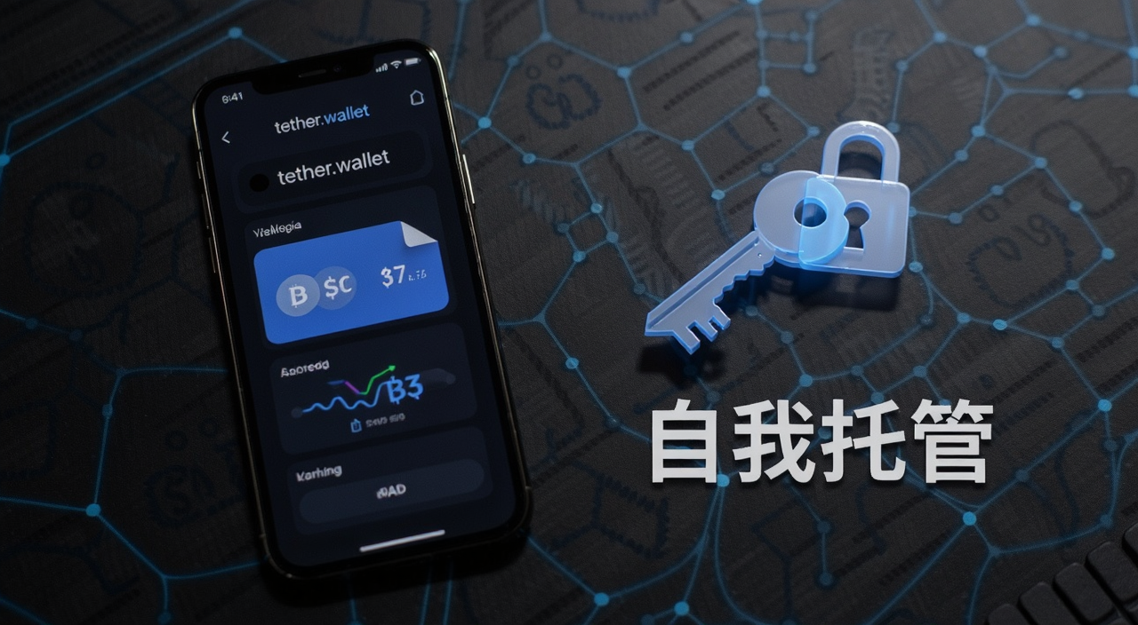 什么是tether.wallet钱包?自我托管是否会成为未来趋势,一张手机屏幕显示数字货币钱包界面,旁边有钥匙和锁的图标,风格简洁科技感,文字标注“自我托管”