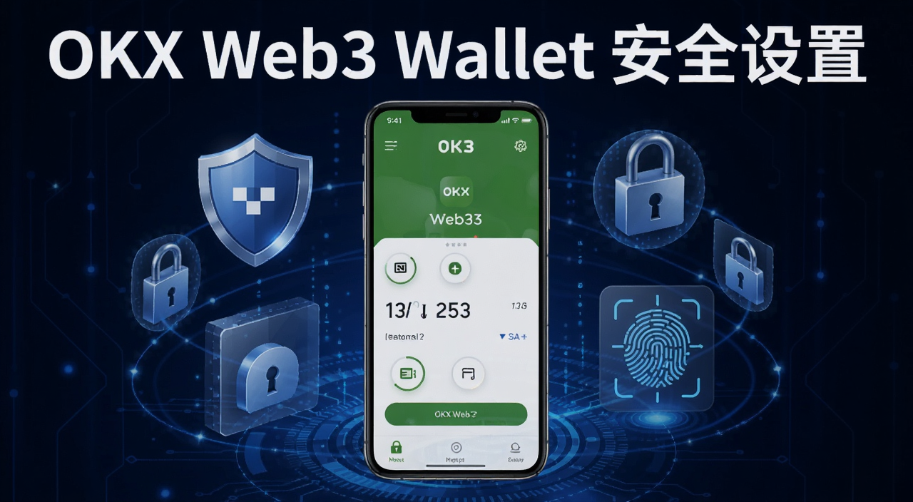 OKX Web3钱包安全设置教程封面图,画面中央是一个手机屏幕显示OKX Web3钱包界面,周围环绕盾牌、锁、指纹识别等安全元素,背景深蓝色科技感,文字标注“OKX Web3 Wallet 安全设置”