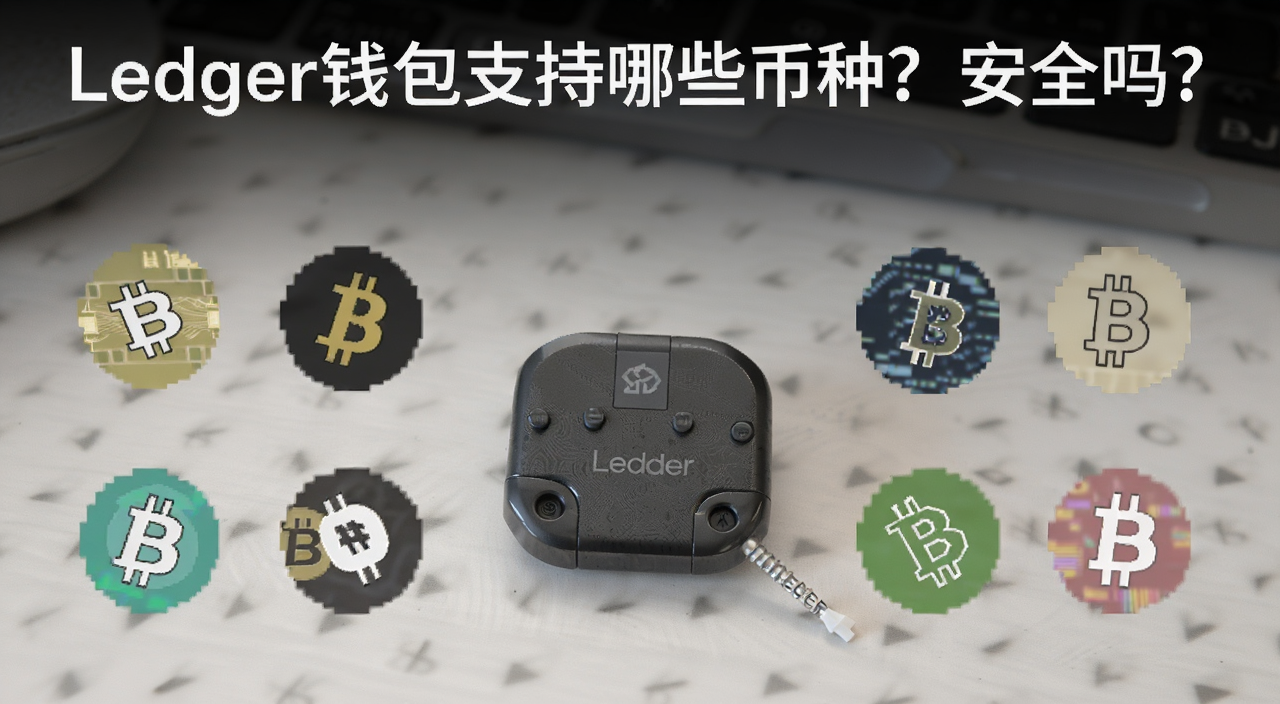 Ledger钱包2026年支持币种与安全解析,画面展示Ledger硬件钱包设备与多种数字货币图标,文字标注
