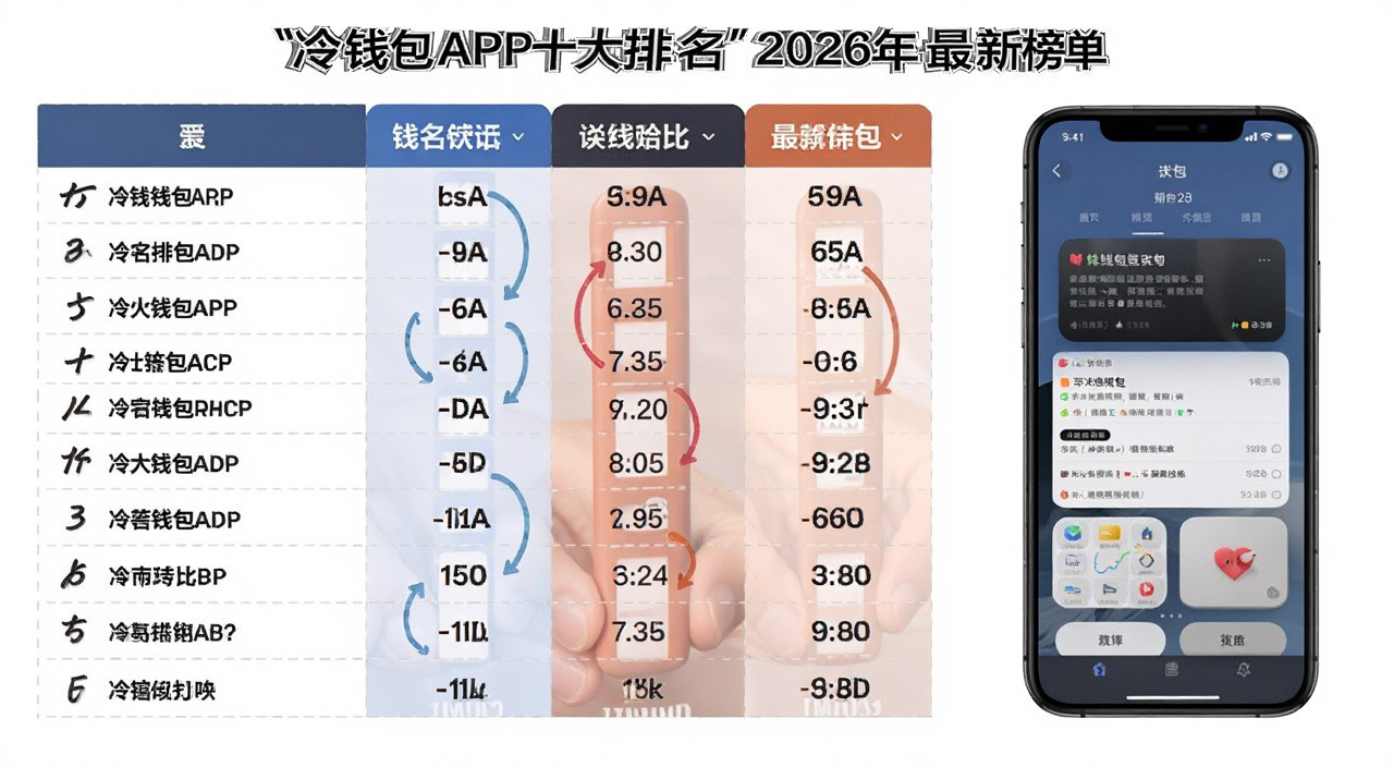 冷钱包APP十大排名2026年最新榜单 对比表格和手机钱包界面 文字标注十大排名对比