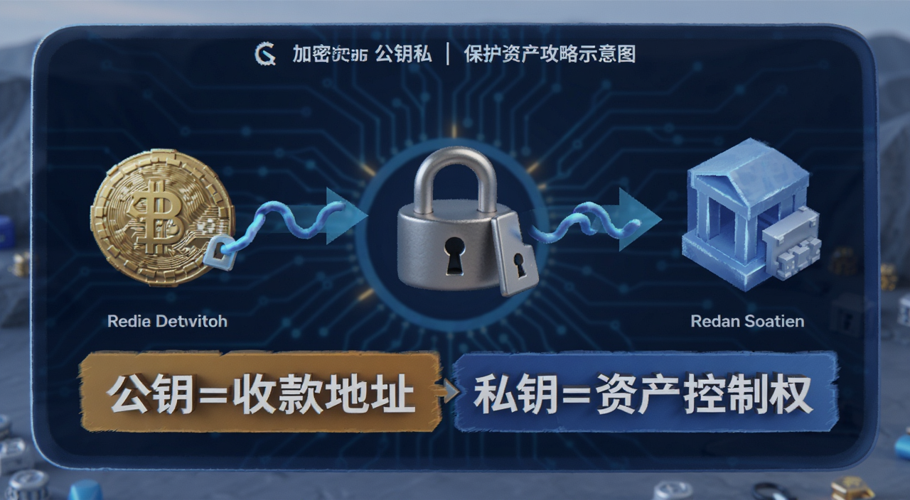 加密货币公钥私钥保护资产攻略示意图,文字注明“公钥=收款地址 私钥=资产控制权”