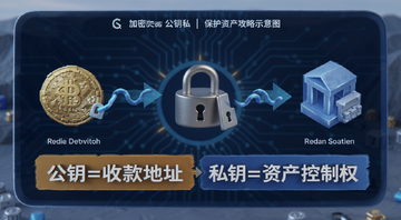 加密货币公钥私钥保护资产攻略示意图,文字注明“公钥=收款地址 私钥=资产控制权”