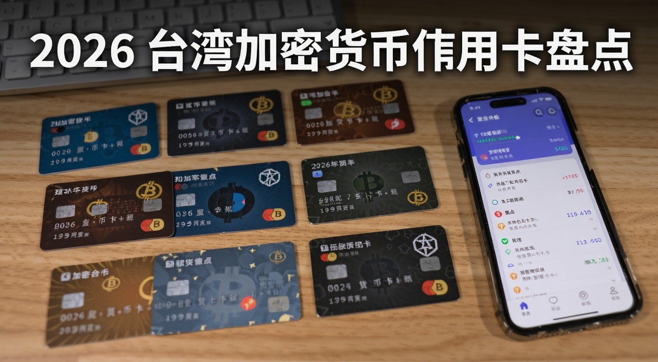 2026年台湾加密货币信用卡盘点推荐,画面中展示多张加密货币信用卡排列在桌面上,旁边有手机显示加密资产App界面,文字标注“2026 台湾加密货币信用卡盘点”