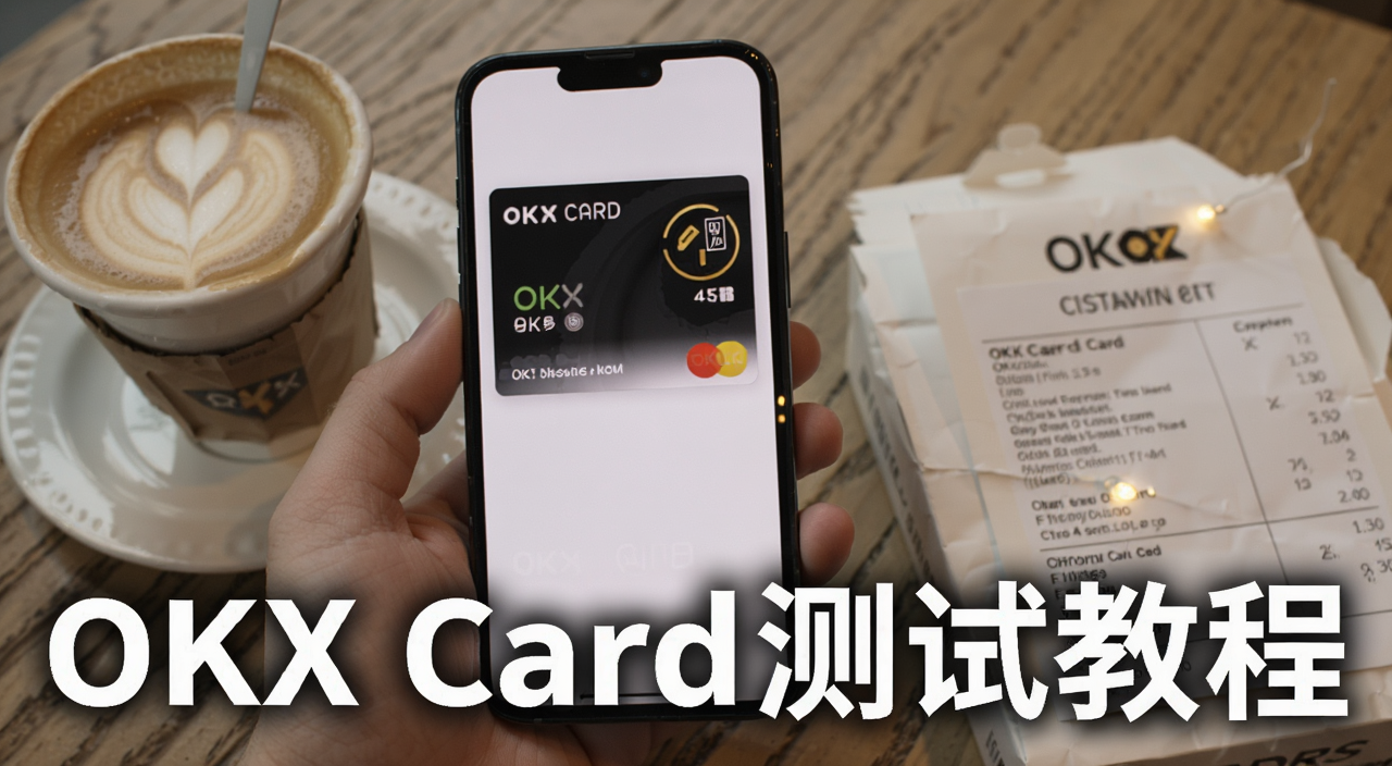 OKX Card欧易支付卡实测教程封面图,画面中一部手机展示OKX Card虚拟卡面,旁边放着咖啡和外卖订单,文字标注“OKX Card测试教程”