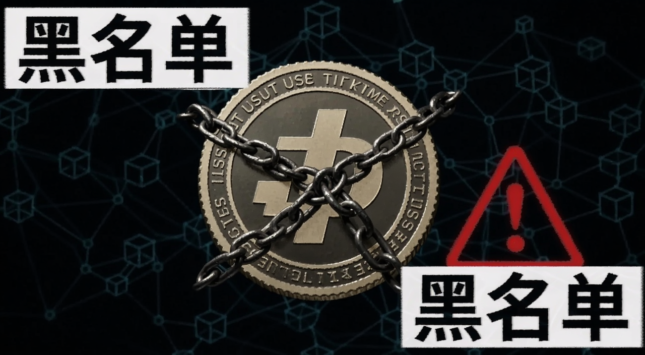 USDT冻结泰达黑名单权力游戏揭秘,画面中央是一个被铁链锁住的USDT硬币图标,背景是暗色区块链网络线条,旁边有红色警告标志,文字标注“黑名单”