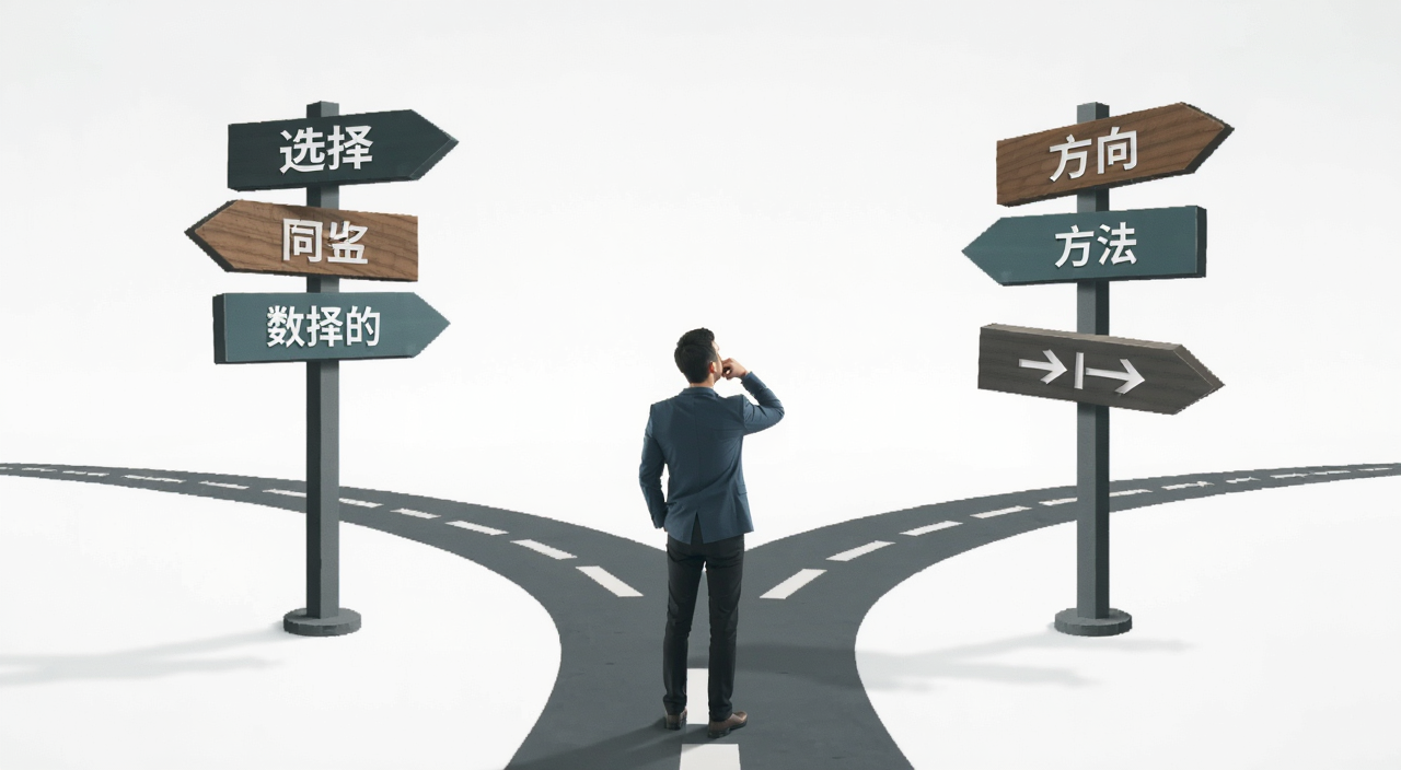2026年如何按需选择最适合自己的方法主题配图,画面中一个人站在分岔路口思考,路标上写着选择,方向,方法等字样,风格简洁现代