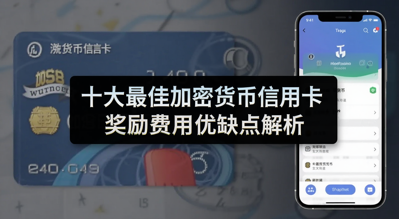 加密货币信用卡实体卡与手机App界面展示,画面中央有文字标注十大最佳加密货币信用卡奖励费用优缺点解析