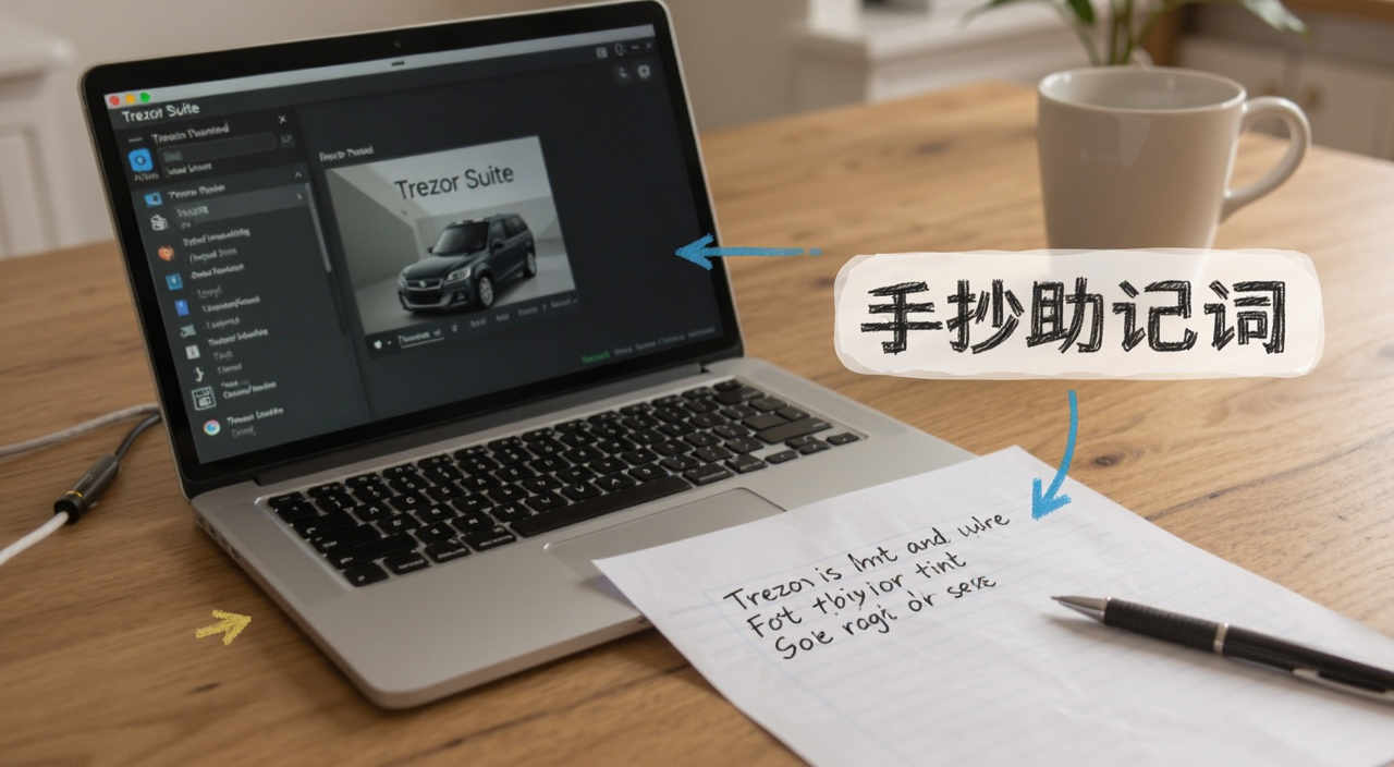 Trezor新手设置过程步骤图,画面显示Trezor Suite界面,助记词抄写纸和笔,标注“手抄助记词”字样