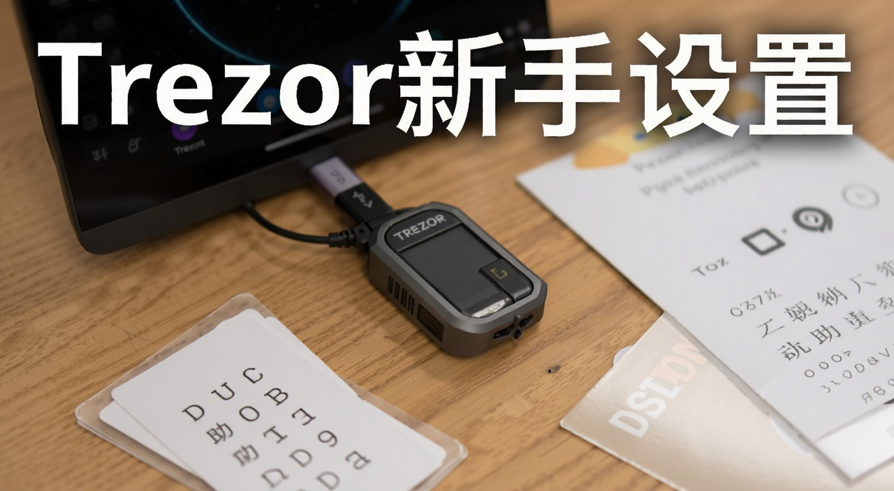 Trezor硬件钱包新手设置教程封面图,画面中一台Trezor Model T硬件钱包连接电脑,旁边散落助记词卡片和说明书,桌面风格简洁,带文字“Trezor新手设置”