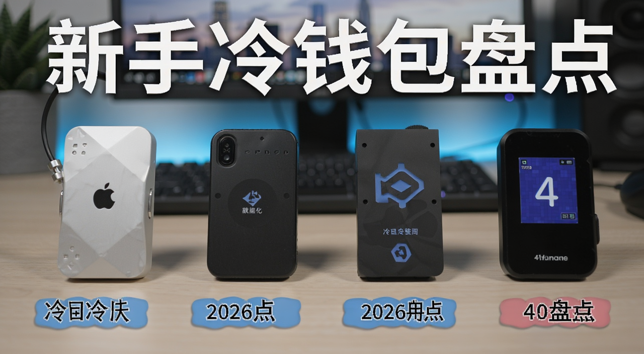 2026年4月新手冷钱包推荐4款盘点 展示四款冷钱包设备并排摆放 文字标注新手冷钱包盘点