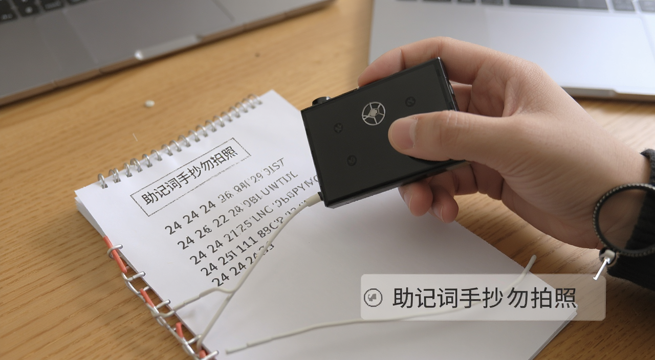 Ledger冷钱包初始化设置助记词抄写场景图,画面中手拿Ledger设备对照纸张抄写24个助记词,文字标注“助记词手抄勿拍照”